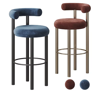Modern Velvet Upholstered Bar Stools With Blue And Brown Seats And Metal Legs 3d model
