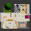 Cartoon Style 3D House Cutaway Model Featuring Various Rooms Furniture Staircase And Car