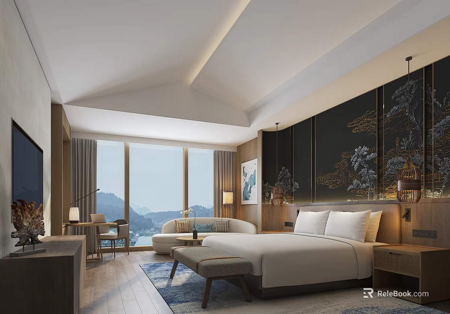 Luxurious Hotel Guest Room With King Bed Floor to Ceiling Windows and Chinese Style Decorative Art 3d model 