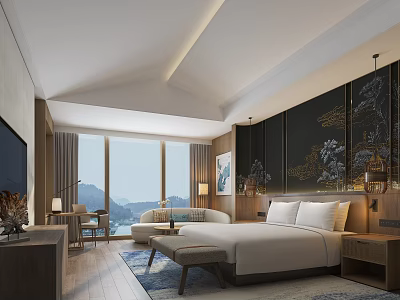 Luxurious Hotel Guest Room With King Bed Floor to Ceiling Windows and Chinese Style Decorative Art 3d model