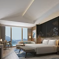 Luxurious Hotel Guest Room With King Bed Floor to Ceiling Windows and Chinese Style Decorative Art
