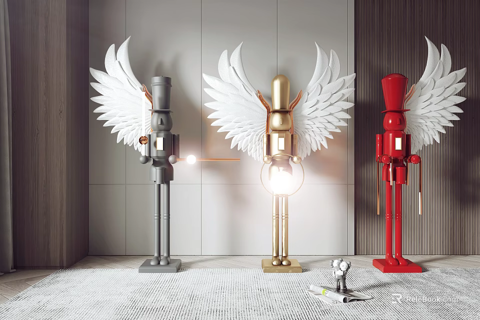 Artistic Modern Floor Lamps With White Wings In Gray Gold Red Colors For Contemporary Decor 3d model 