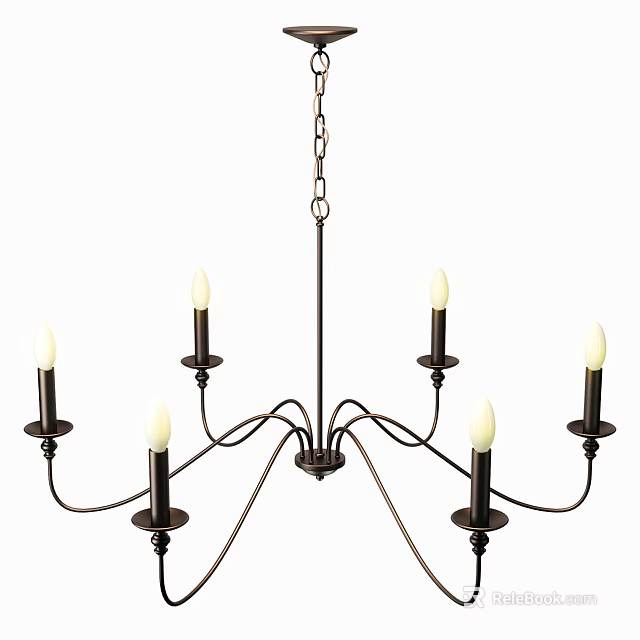 Vintage Black Metal Chandelier With Six Candle Shaped Lights And Curved Arms 3d model 
