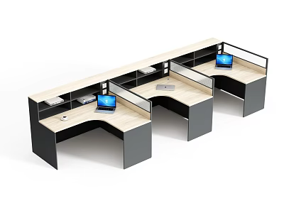 Modern Office Work Desks With Wooden Top Black Frame And Laptop Dividers 3d model