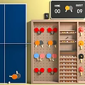 Colorful Ping Pong Room With Blue Table Wooden Paddle Rack And Scoreboard