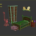 Vintage Rustic Bedroom Interior With Wooden Bed Wardrobe Stove And Nightstand