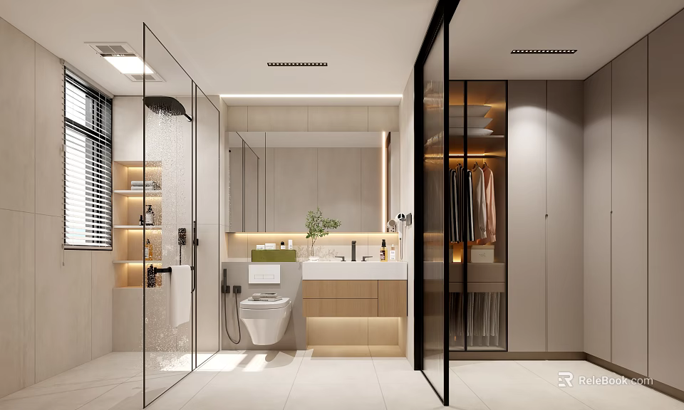 Modern Bathroom Interior Design With Glass Shower Vanity Toilet And Storage Cabinets 3d model 