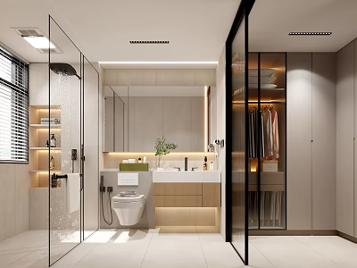 Modern Bathroom Interior Design With Glass Shower Vanity Toilet And Storage Cabinets 3d model