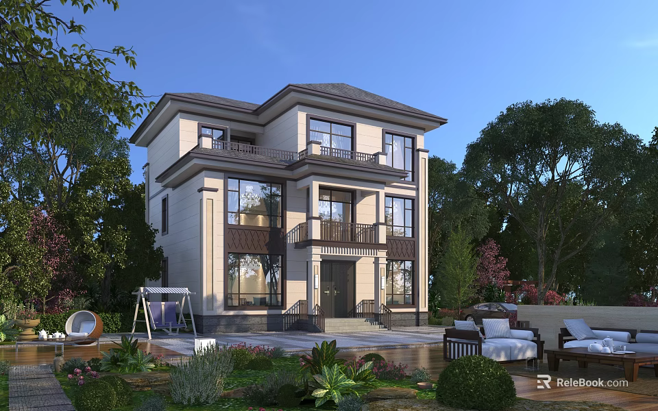 Two Story Detached Villa With Balcony Courtyard Greenery And Outdoor Seating Area 3d model 