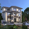 Two Story Detached Villa With Balcony Courtyard Greenery And Outdoor Seating Area