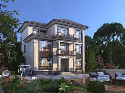 Two Story Detached Villa With Balcony Courtyard Greenery And Outdoor Seating Area 3d model