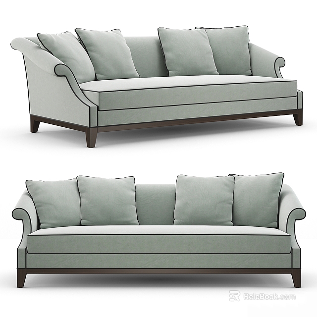 Modern Classic Light Green Fabric Multi-seat Sofa with Armrests Dark Wooden Legs and Comfortable Cushions 3d model 