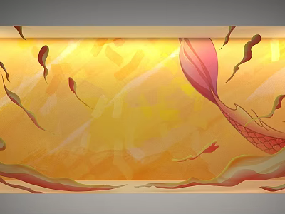 Vibrant Window Display With Yellow Background Fish Tail Decor And Orange Red Streamers 3d model