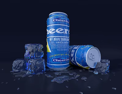 Chilled Cheerful Beer Cans with Ice Cubes Tipped Over and Spilled Liquid on Dark Floor 3d model