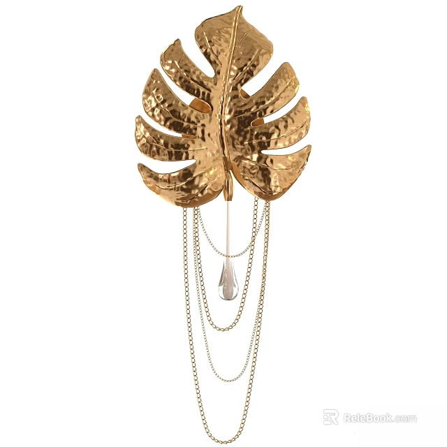 Gold Leaf Shaped Wall Light With Hanging Chains And Dangling Droplet Decor 3d model 