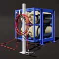 Industrial Equipment with Blue Frame Four Yellow Cylindrical Tanks White Column and Red Hose