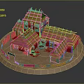 Traditional Village Model With Thatched Roofs Wooden Structures Circular Base And Enclosure