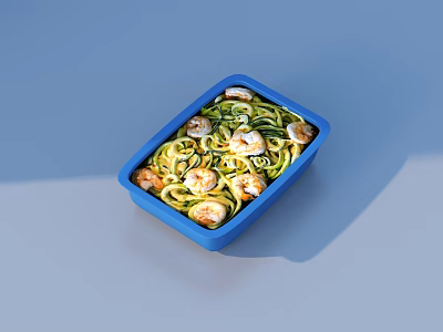 Tasty Green Noodles Topped with Fresh Shrimp in Blue Rectangular Container 3d model