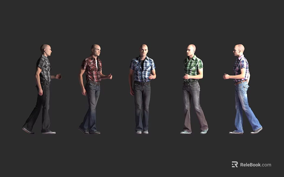 Man in Different Poses Wearing Plaid Shirts and Jeans on Gray Background 3d model 