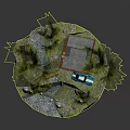 Cartoon Scenic Model Featuring Log Cabin Small Stream Green Trees And Rocks