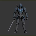 Armored Character With Blue And Black Metallic Armor Holding Sword In Standing Pose