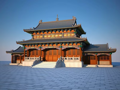 Ancient Chinese Architecture Featuring Multiple Tiered Tile Roof Wooden Columns Stone Steps And Open Ground 3d model