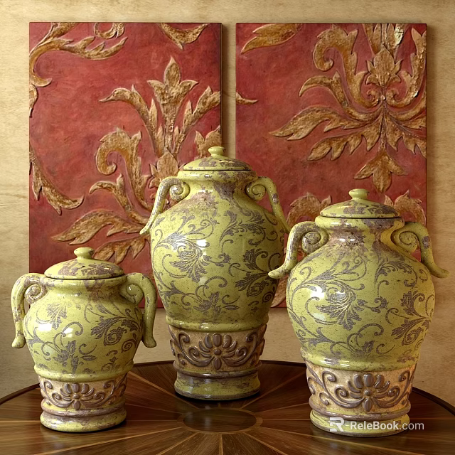 Yellow Green Ceramic Vessels with Floral Patterns Handles Lids Against Red Wall Gold Leaf Motifs 3d model 
