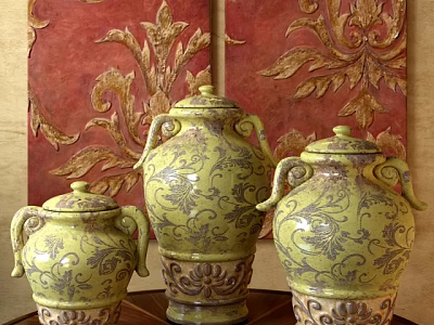 Yellow Green Ceramic Vessels with Floral Patterns Handles Lids Against Red Wall Gold Leaf Motifs 3d model