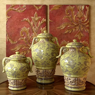 Yellow Green Ceramic Vessels with Floral Patterns Handles Lids Against Red Wall Gold Leaf Motifs 3d model