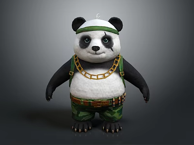 Creative Panda Sculpture with Green Headband Gold Chain Camouflage Pants Belt and Ammunition Straps 3d model