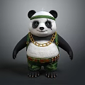 Creative Panda Sculpture with Green Headband Gold Chain Camouflage Pants Belt and Ammunition Straps