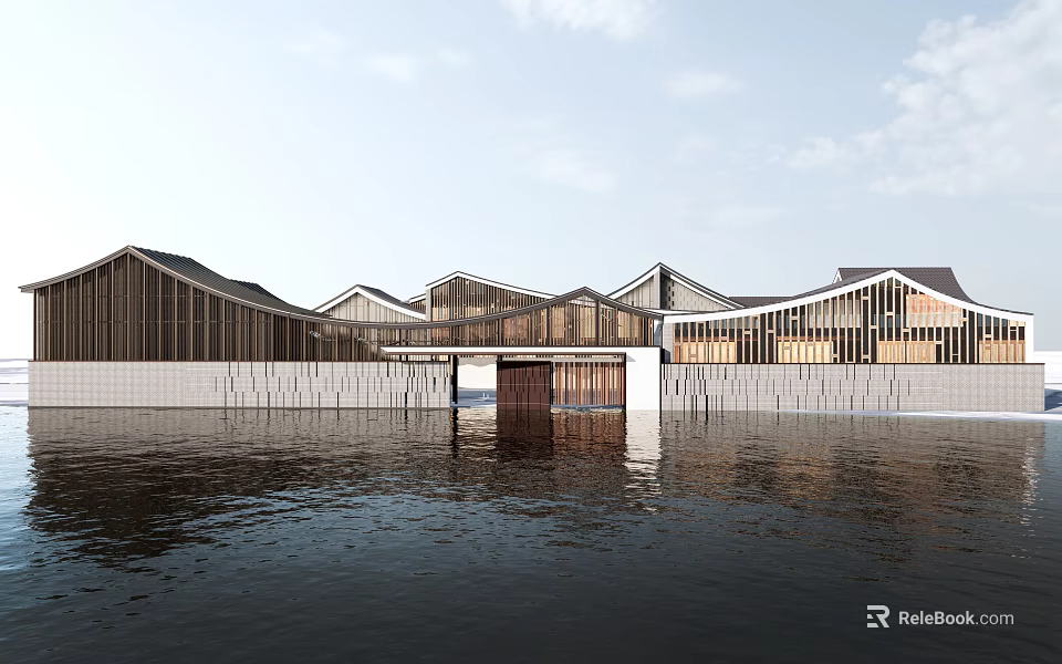 Modern Museum Building With Wooden Structure Unique Roof And Waterfront Reflection 3d model