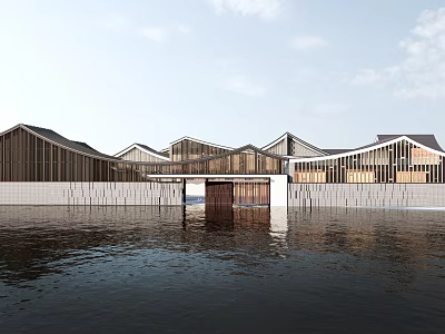 Modern Museum Building With Wooden Structure Unique Roof And Waterfront Reflection 3d model