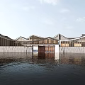 Modern Museum Building With Wooden Structure Unique Roof And Waterfront Reflection 3d model