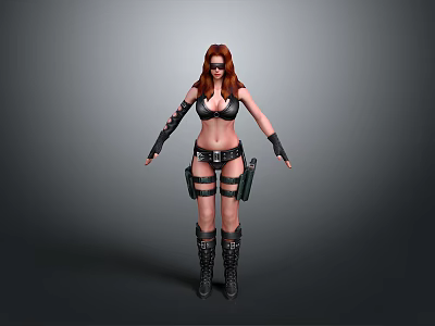 3D Female Character Model With Red Long Hair Black Bikini Top And Boots 3d model