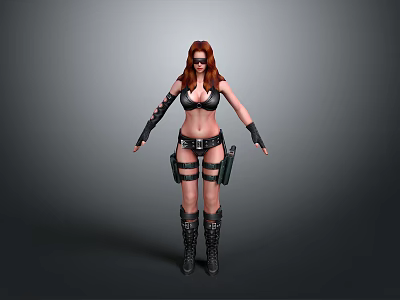 3D Female Character Model With Red Long Hair Black Bikini Top And Boots 3d model