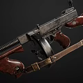 Vintage Submachine Guns With Wooden Stocks Black Metal Parts Drum Magazines And Scattered Bullets