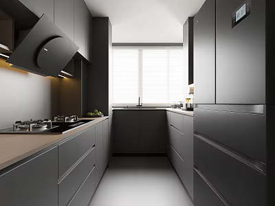 Modern Kitchen Interior Design With Dark Gray Cabinets Light Countertop Window Blinds And Cooktop 3d model