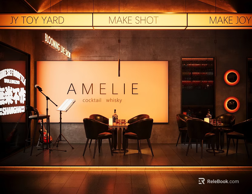 AMELIE Cocktail Whiskey Bar With Live Music Stage Tables Chairs And Warm Lighting 3d model 