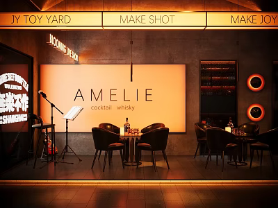 AMELIE Cocktail Whiskey Bar With Live Music Stage Tables Chairs And Warm Lighting 3d model