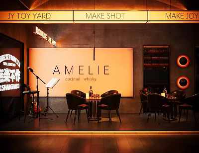 AMELIE Cocktail Whiskey Bar With Live Music Stage Tables Chairs And Warm Lighting 3d model