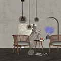 Rattan Chairs And Small Coffee Table In Minimalist Room With Grey Wall And Wooden Floor