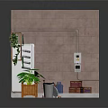 Indoor Interior Scene with Vending Machine Green Plants Wooden Bench Tiled Walls and Blue Bottles