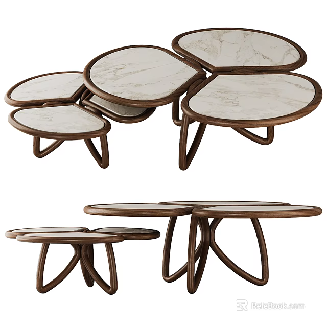 Modern Nesting Coffee Tables With Marble Tops And Wooden Curved Legs 3d model 