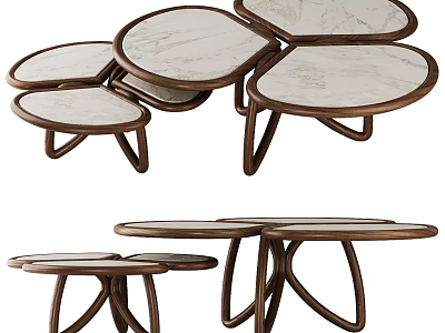 Modern Nesting Coffee Tables With Marble Tops And Wooden Curved Legs 3d model