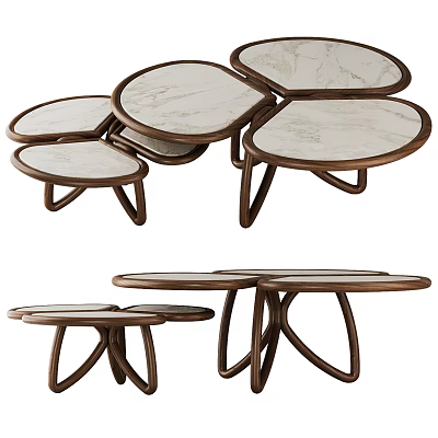 Modern Nesting Coffee Tables With Marble Tops And Wooden Curved Legs 3d model