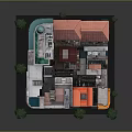 Urban Multi Story Buildings With Colorful Rooftops Storefronts And Trees