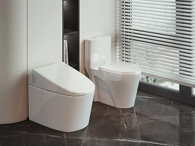 Modern Sleek White Toilet in Bathroom with Marble Floor and Window Blinds 3d model