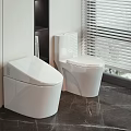 Modern Sleek White Toilet in Bathroom with Marble Floor and Window Blinds