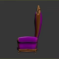 Elegant Ornate Purple Chair With Intricate Wooden Carved Armrests And Gold Buttons